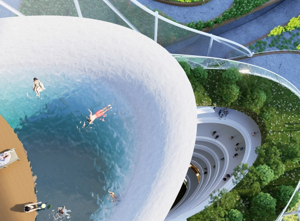 Elevated Oasis ：A tranquil retreat above the city—where water, greenery, and circulation intertwine, offering a layered sensory experience between leisure and movement.