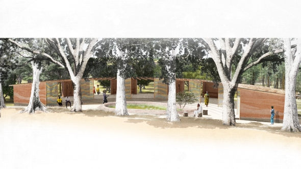 Rendering of the entrance to the community flood forest entrance which shows a semi-circle building with communal tools and a pool of water. 