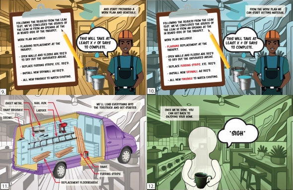 Storyboard frames 9 to 12. Read from the top left corner clockwise.