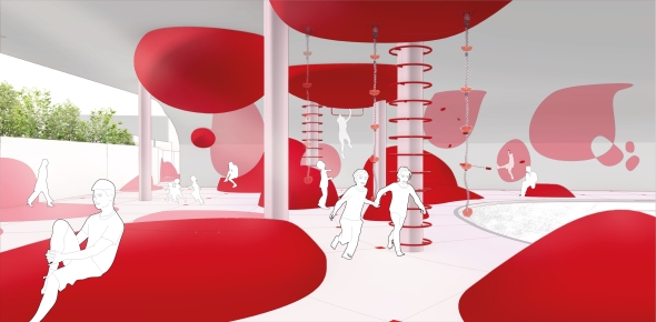 By opening up the ground floor of the apartment building, I created this playful, iconic public space for gathering and social.