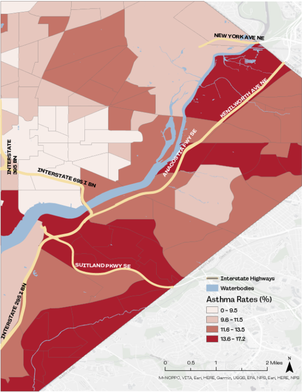 Residents of the Anacostia River Corridor also exhibit higher rates of asthma than those living west of the DC-295.
