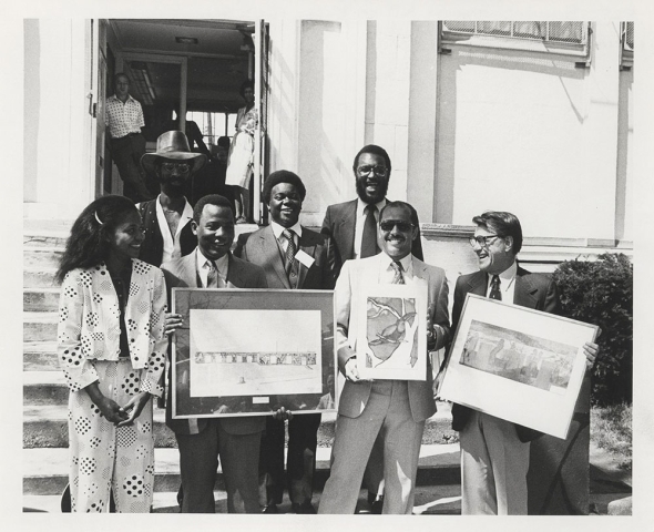 Dedication of the exterior murals at the Blanche A. Nixon / Cobbs Creek Branch in August 1982. Source: Free Library of Philadelphia Digital Collections.