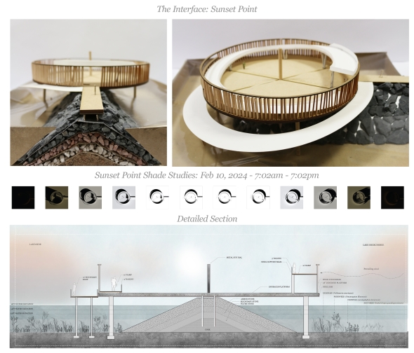 Image showing model pictures of the water interface. It is a large platform on a breakwater designed as a sun dial. There are a series of shade studies below it and a detailed interface section at the bottom.