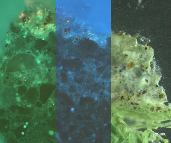 The cross-section sample under 420 nm (right) and 365 nm (middle) ultraviolet light and normal light (left).