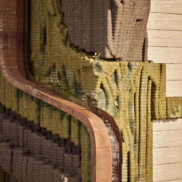 Close-up rendering of integration of biomaterial and gutter