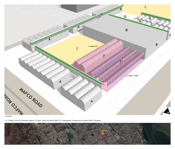 The context drawing for the Auction Hall (F) and the contemporary extension of the Auction Hall (F’).