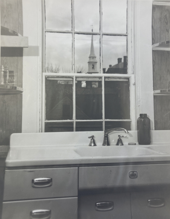View of Portsmouth’s North Church from the kitchen belonging to Leon and Willie Mae Johnson - an African American couple displaced during the High-Hanover Streets Project in 1960 (Portsmouth Public Library).