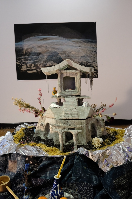 Spirit Home Altar For Hackensack River Spirits-materials: concrete, wood, calendula, japanese fabrics, dried flowers, silver paper, risograph, found objects