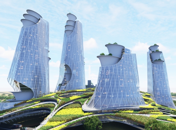 Day View: Vertical Harmony on the Rio Fucha Lush terraces merge with sculptural towers, forming a living landscape where people and nature coexist in balance.