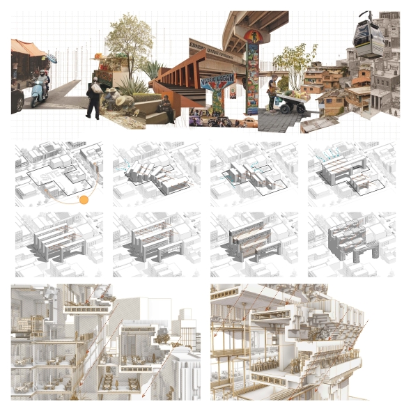 The building form is shaped by solar path simulation; the structural frame provides shading, and the south side steps back to reduce heat gain.