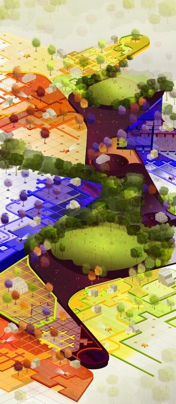Site drawing using hues of red, orange, yellow, green, and purple to different patterns.