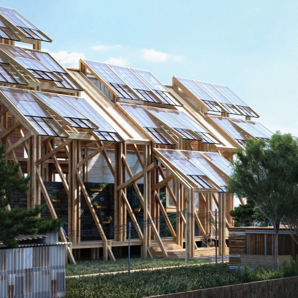 Exterior Facade Perspective; Solar Screens / Biobrick walls