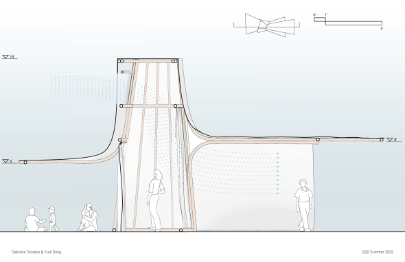 Section showing the cross ventilation of the pavilion's windcatcher effect. 