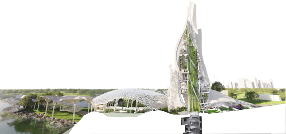 Life in Profile: This unrolled section shows Canopy Spores harvesting rain, a conservatory dome for aquatic research, and the HydroTower’s vertical farms fed by collected water. All atop a protective berm shielding the island from sea rise.