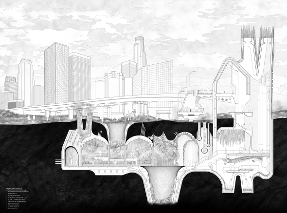 Section drawing focusing on different spaces that help develop a community and facilitate new nature growth in a hub