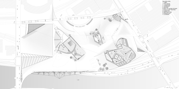 Entry level plan cut through the constructed landscape, showing visible versus hidden structures and generation of flexible space through programmatic misalignment. 