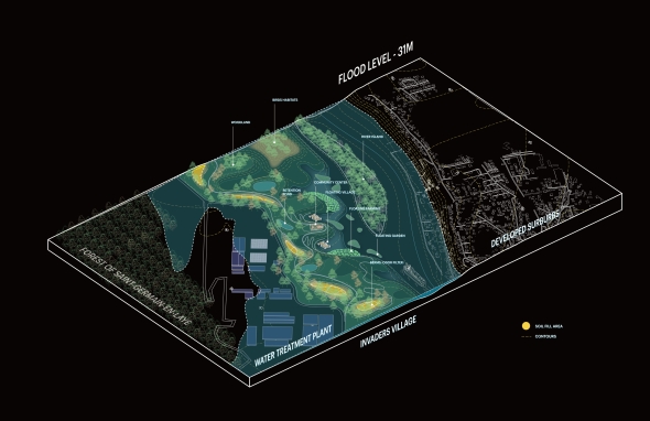 A series of physical and programmatic interventions into the systems of our drawings, comprised of both architectural and landscape interventions and landscape, articulating section through the land/water, showing function through illustration of use and three different states over time.