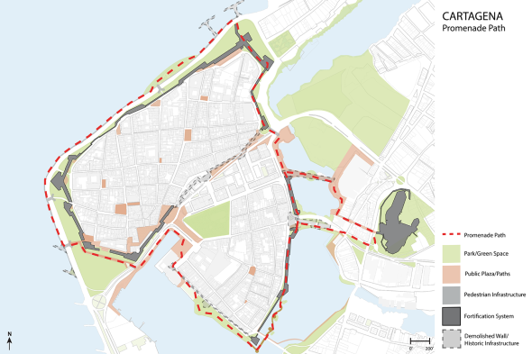 Map of the planned full promenade (dashed red line) which encircles and connects the historic fortification system together.