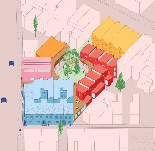 An aggregation of alternative housing types around a shared courtyard.