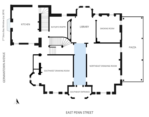 Interior floorplan of Ivy Lodge with original room names. Image and Plan by N. Macdonald, adapted from A.J. Downing’s publication The Horticulturist "Denwood" article, published in 1851.  