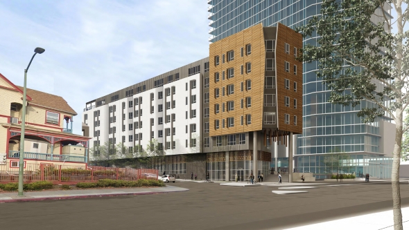 A rendering by Pyatok Architects for a Senior Housing Facility in Oakland, California adjacent to historic homes. (Source: Natalie Orenstein, “Lake Merritt BART Project: Senior Housing Coming to Site of Past Displacement,” The Oaklandside, May 27, 2022, https://oaklandside.org/2022/05/26/lake-merritt-bart-senior-housing-displacement/.)
