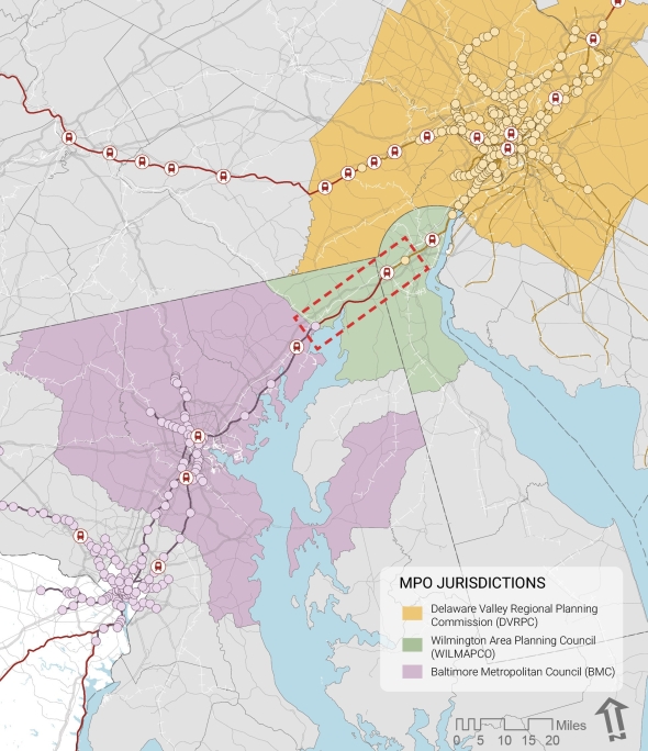 In the studio's study area, transportation planning investments are coordinated by three key Metropolitan Planning Organizations - DVRPC, WILMPACO, and BMC.