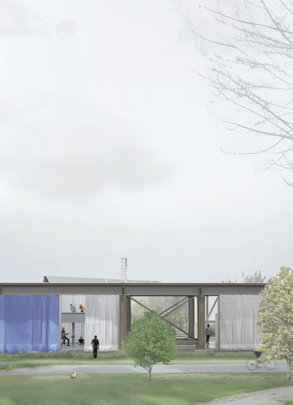Exterior render of structure: Layers of curtains with varying opacity partially conceal the interior spaces