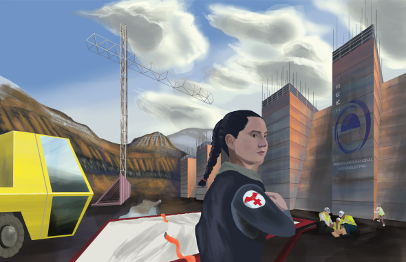 Medic stands in front of large Unfinished Tailing Dam walking towards a group of workers  