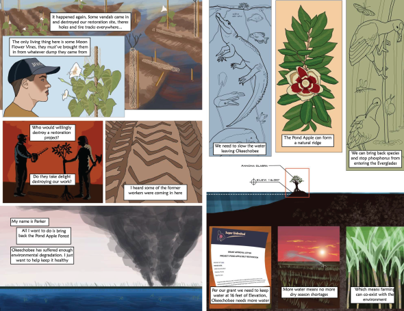Comic book page from "The Slough" Showing a destroyed pondapple restoration countered by imagery of Florida Wildlife