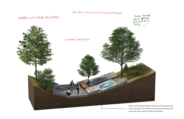 Pieces of the beloved Wylie Street mural are preserved and on display. The tradition of painting murals by local artist and community members continues.