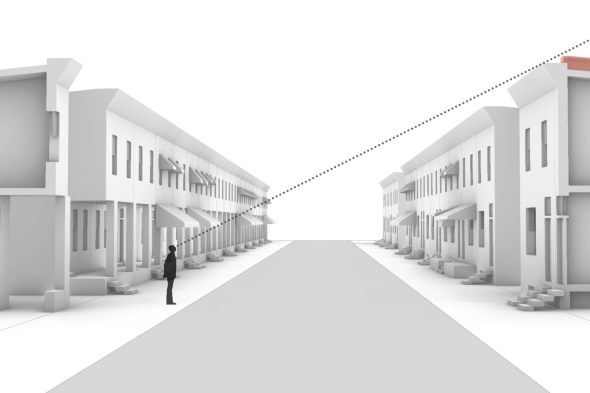 Diagram showing that a double roof supported by new brick walls built up one foot above the existing parapet would not be visible from the street.