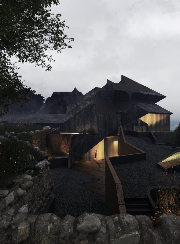 Entry Render For Dark Triangulated Building