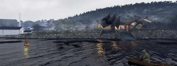 Waterfront view of Project with existing distillery to the left.