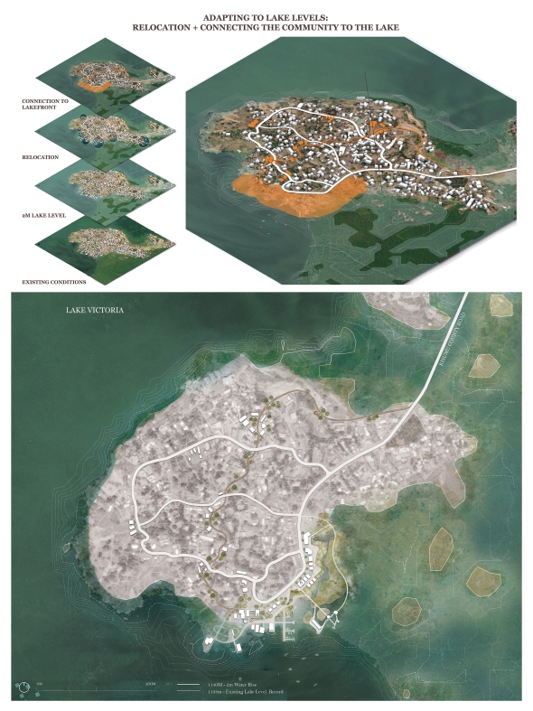 Top: Axon showing adaption strategies to lake level rise, exploded layers to the left, Below: context site plan below of Dunga Beach located on Lake Victoria, Kenya.