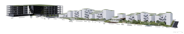 Section Perspective. A lush greenway along the Mott Haven Canal connects the neighborhood to the Port Morris waterfront, providing accessible recreational spaces while improving residents' quality of life and reinforcing the district's ecological vitality.