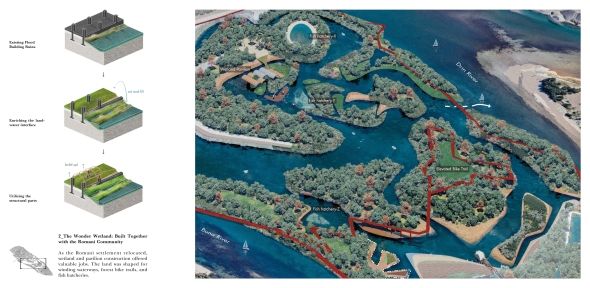 Axonometric view of the proposed marsh area and process diagrams