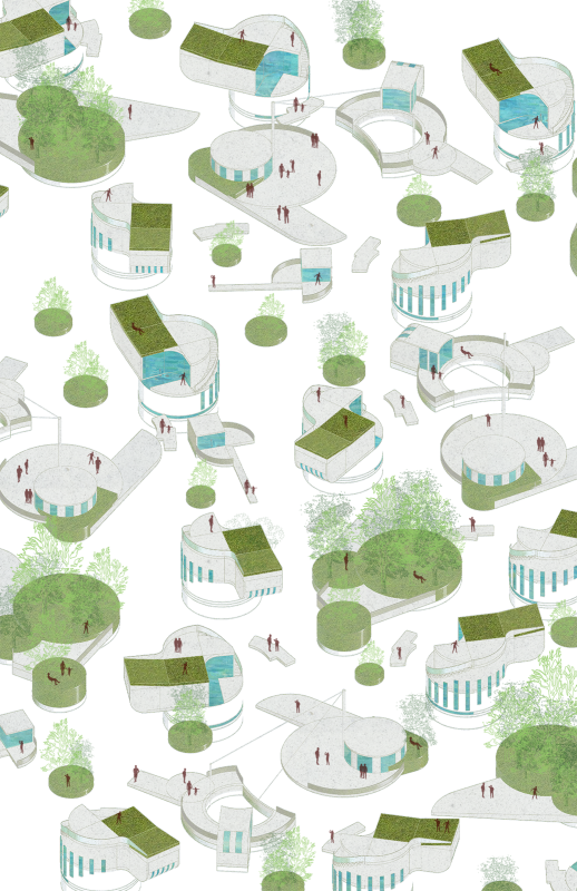 Future water-based community with floating residential units and public spaces.