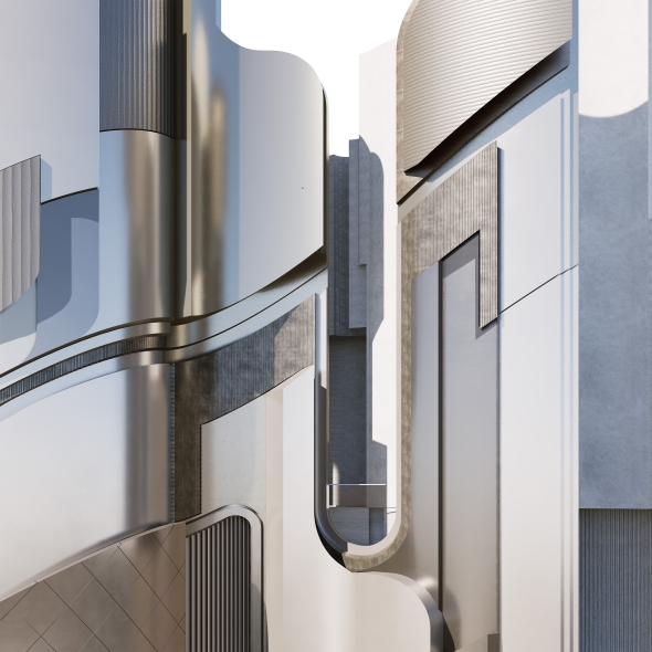 Close-up rendering of a building façade highlighting layered metallic and concrete materials, intersecting curves, and recessed shadows.
