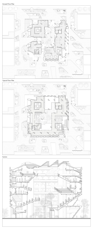 Plans and section are eroded by light from different directions, resulting in vibrant dynamics