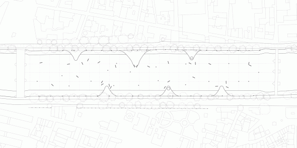 Animation of proposed changing fabric structures on the Tiber River in plan view