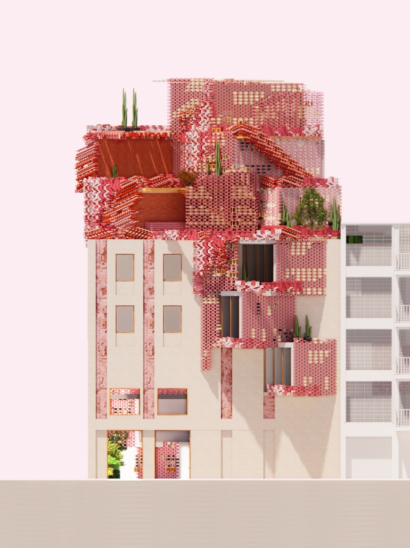 Pink brick facade of a 6 storey hotel