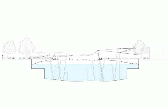 Animation of proposed changing fabric structures on the Tiber River in section view
