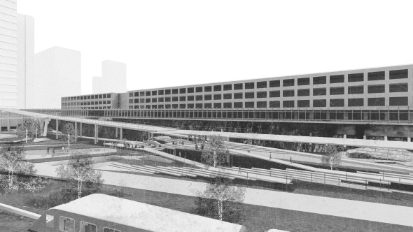 elevated ramp connected to the street above with a plaza