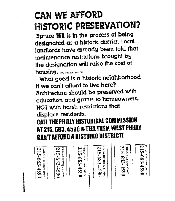 A pamphlet made against the historic district by Councilwoman Blackwell’s office, advertising that community members should contact the PHC against designation. From the Philadelphia Historical Commission physical archive, located at 1515 Arch Street.