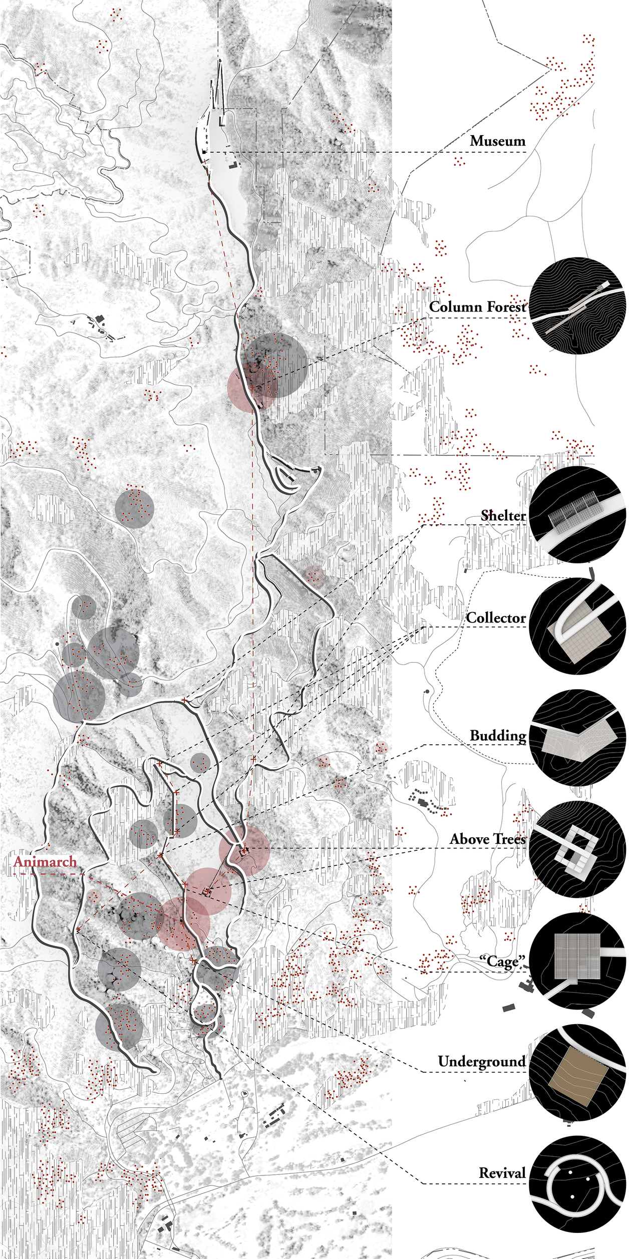 Masterplan showing proposed trail system and locations of the Museum of Anthropocene, the Animarch and 9 Insertions.