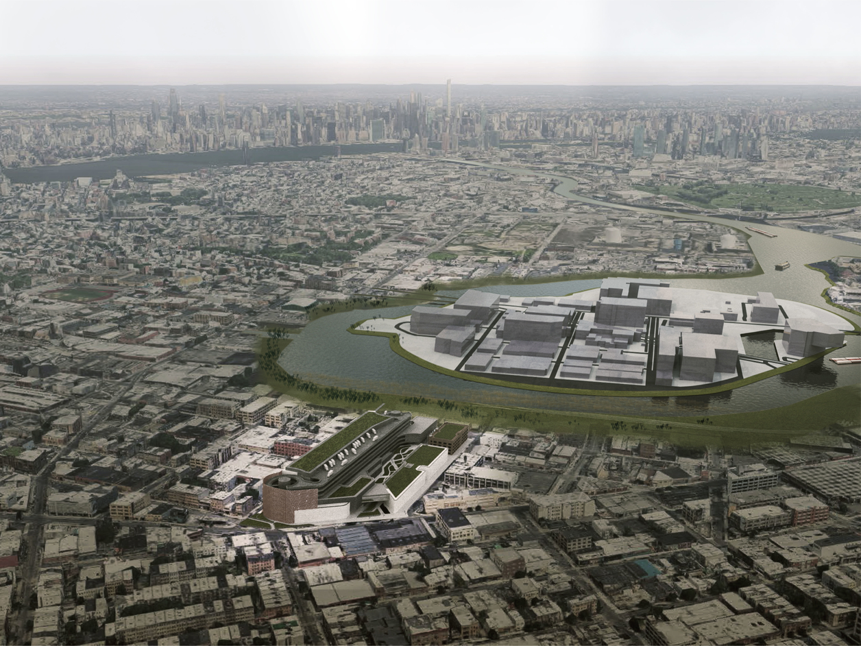 Aerial looking over Brooklyn/Queens with Manhattan in the background. A creek flows around an island. 