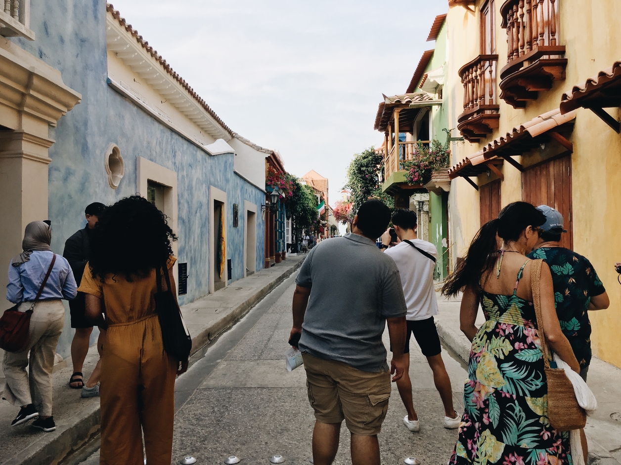 Crowded street scene with old buildings