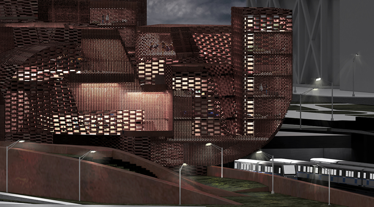 Architectural rendering of a building at night