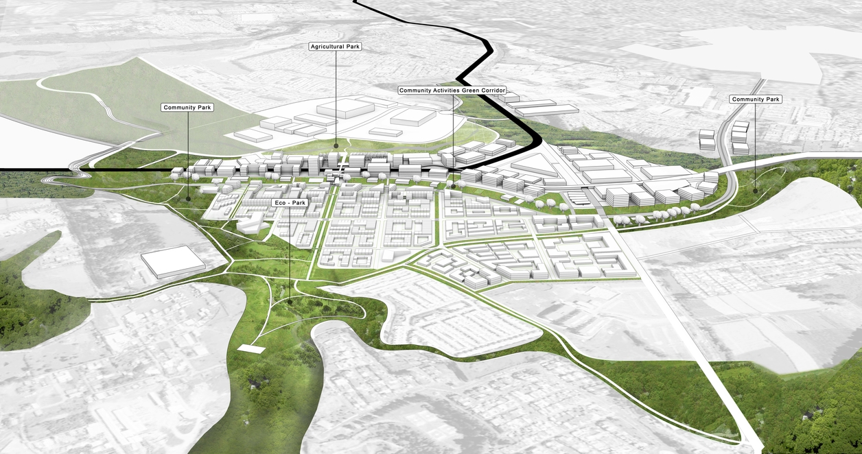 Isometric perspective of site area. Neighborhood development surrounded by long swaths of green space. 