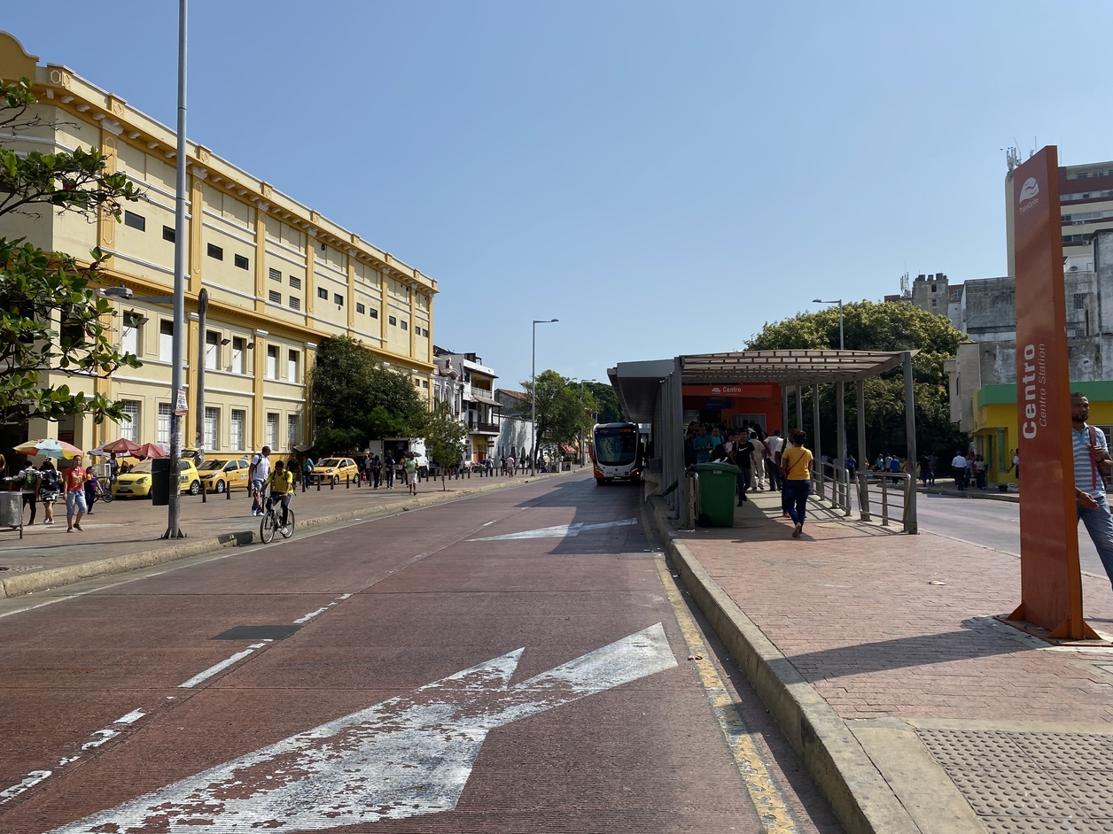 Street scene with a bus station